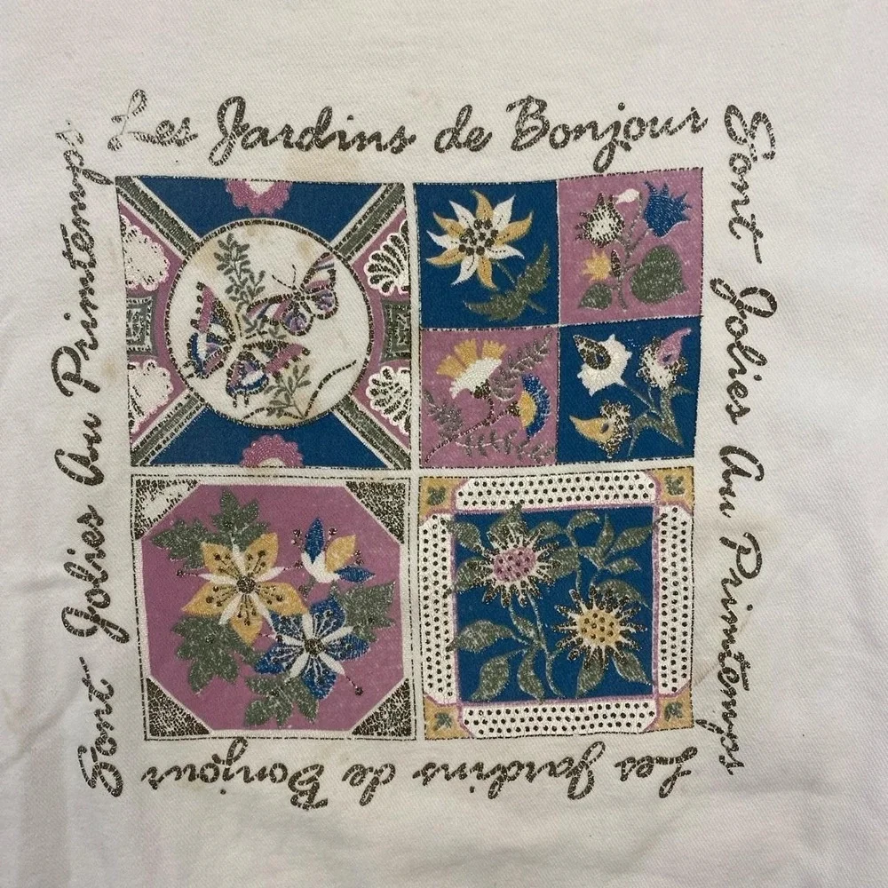 Vintage Bonjour 90 French France Floral Flowers Women's Sweatshirt Crewneck XL